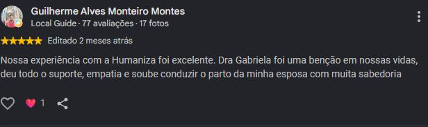 Recorte da avaliação de cinco estrelas publicada por Guilherme Alves Monteiro Montes no Google
